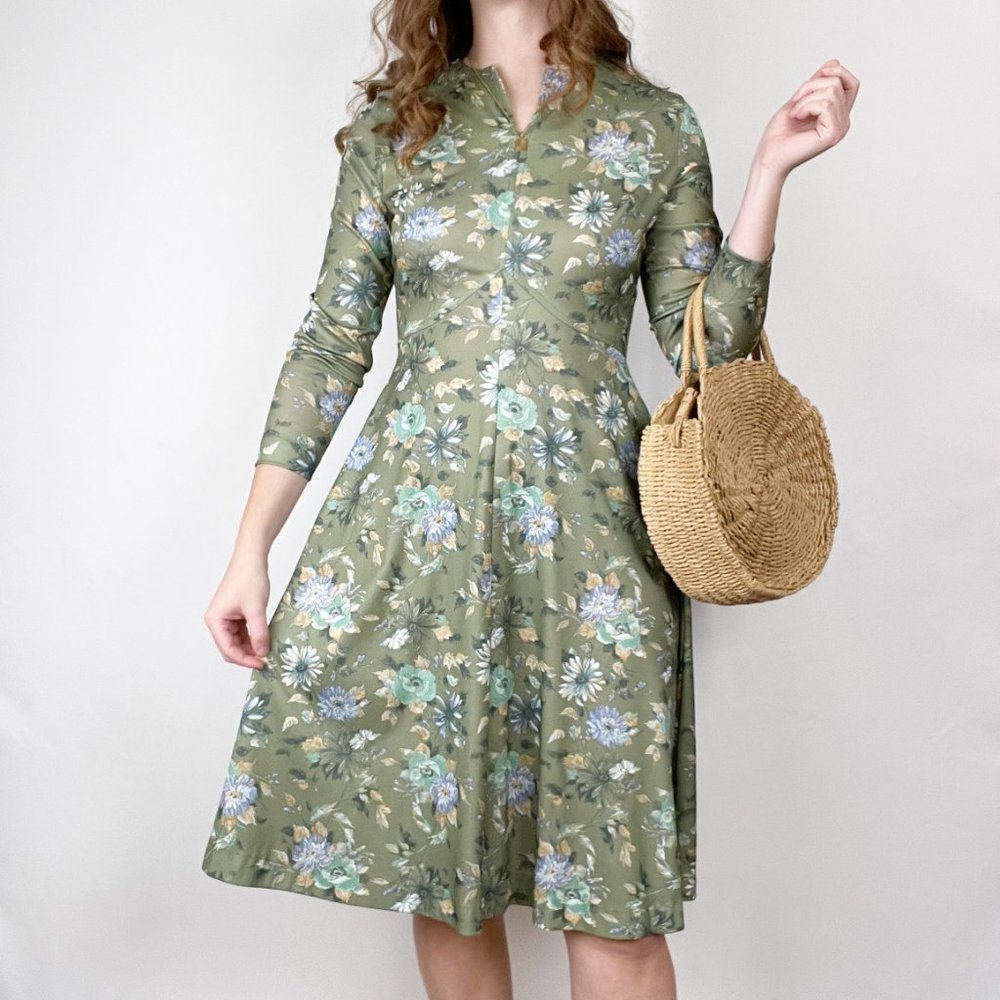 Vintage Union Made 60s 70s Floral Midi Dress Long Sleeve Fit & Flare Romantic - Picture 1 of 8
